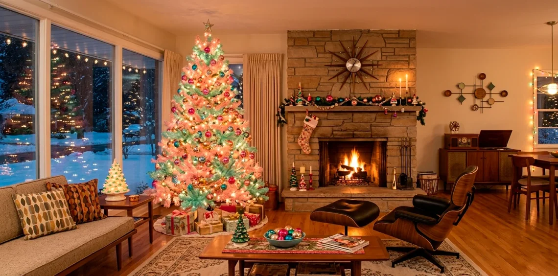 1950s mid-century modern living room decorated with pastel pink aluminum Christmas tree and vintage holiday decor
