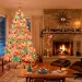 1950s mid-century modern living room decorated with pastel pink aluminum Christmas tree and vintage holiday decor