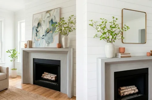Modern spring mantel decorated with asymmetrical leaning art pieces, fresh green branches, and elegant ceramics in a bright living room.