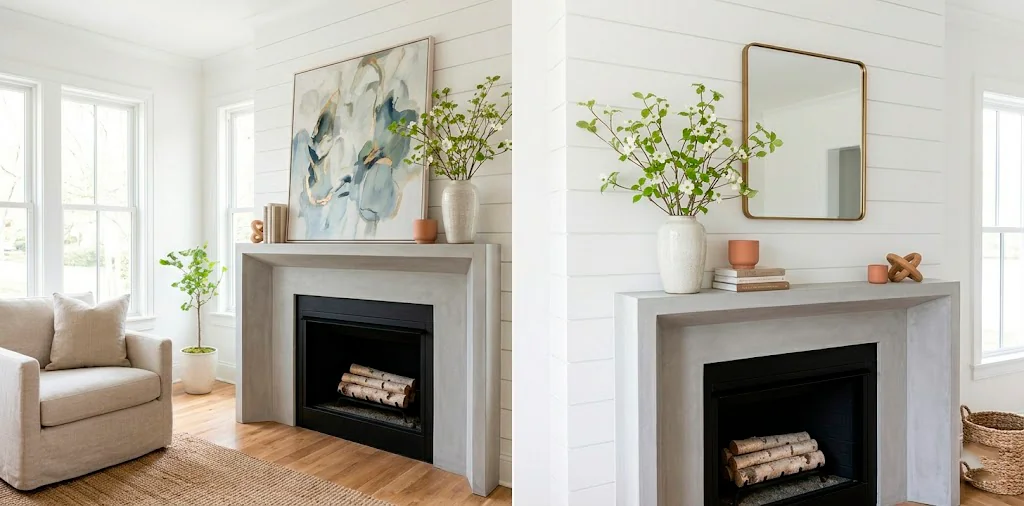 Modern spring mantel decorated with asymmetrical leaning art pieces, fresh green branches, and elegant ceramics in a bright living room.