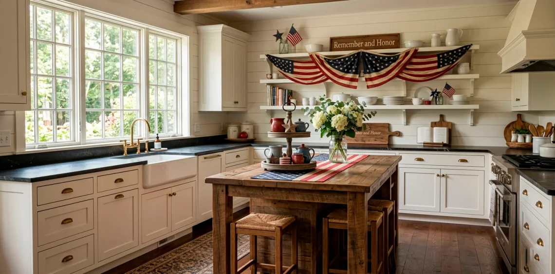 Wide view of a farmhouse kitchen decorated for Memorial Day featuring a vintage flag bunting and rustic wooden island.