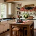 Wide view of a farmhouse kitchen decorated for Memorial Day featuring a vintage flag bunting and rustic wooden island.