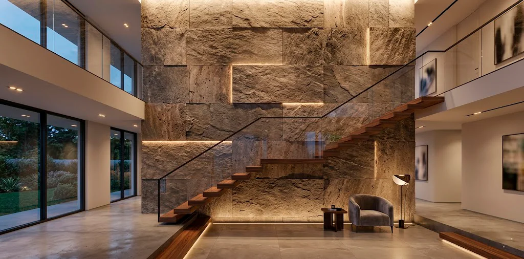 Luxurious double height staircase featuring a floor-to-ceiling textured stone wall design.