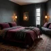 Sophisticated moody guest bedroom with charcoal walls and deep plum velvet bedding