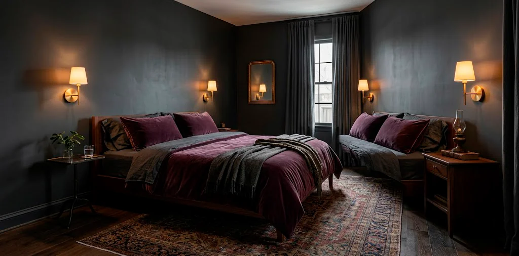 Sophisticated moody guest bedroom with charcoal walls and deep plum velvet bedding