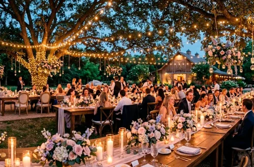 Romantic pastel floral backyard wedding reception setup with elegant tables and string lights at twilight.