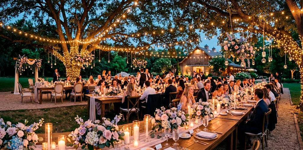 Romantic pastel floral backyard wedding reception setup with elegant tables and string lights at twilight.