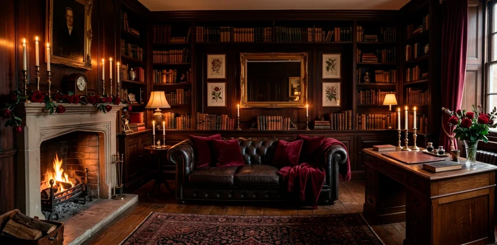 Sophisticated dark academia living room with burgundy velvet pillows and burning taper candles for Valentine's Day