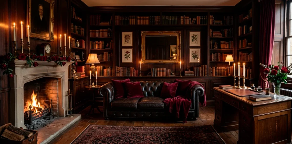 Sophisticated dark academia living room with burgundy velvet pillows and burning taper candles for Valentine's Day