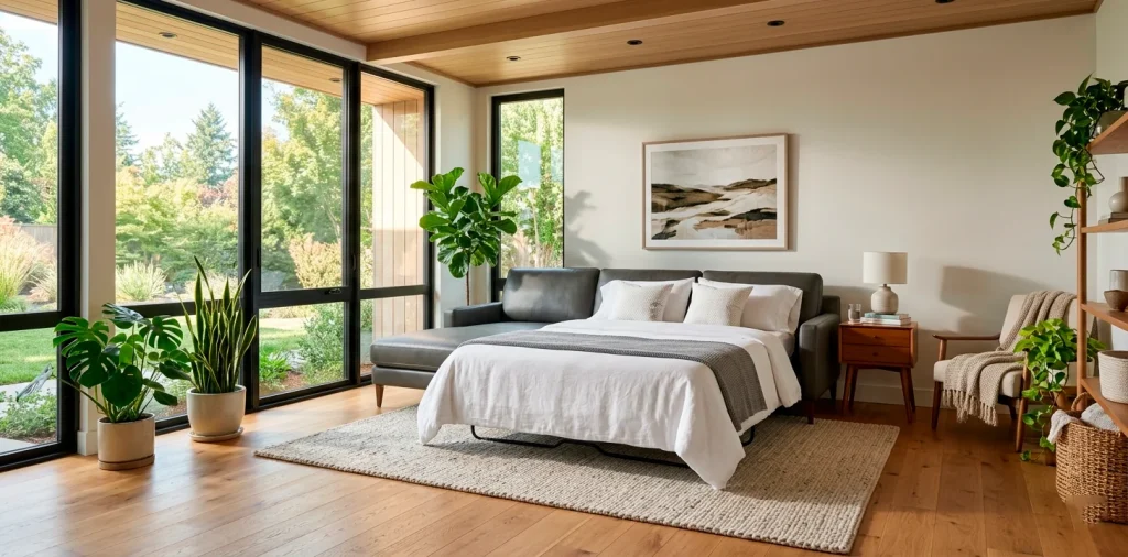 Modern guest room featuring a sleek sleeper sofa partially extended with fresh bedding in a sunny, stylish interior.