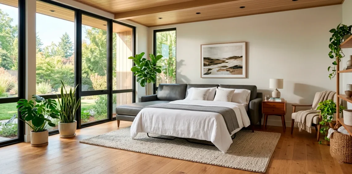 Modern guest room featuring a sleek sleeper sofa partially extended with fresh bedding in a sunny, stylish interior.