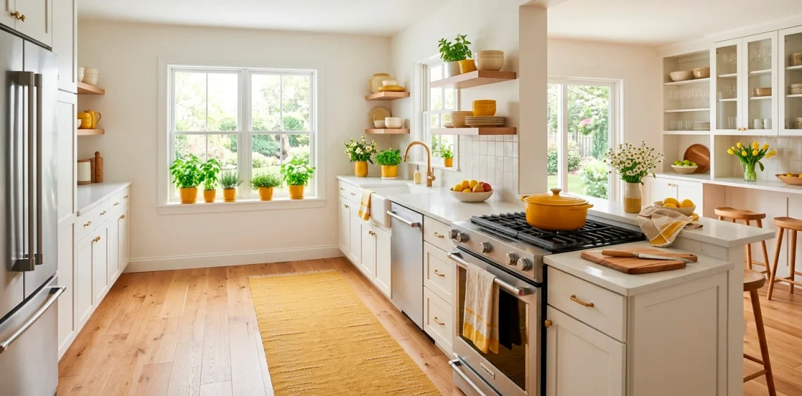 Bright spring kitchen decorated with stylish mustard yellow accents including a Dutch oven and runner rug