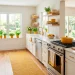 Bright spring kitchen decorated with stylish mustard yellow accents including a Dutch oven and runner rug