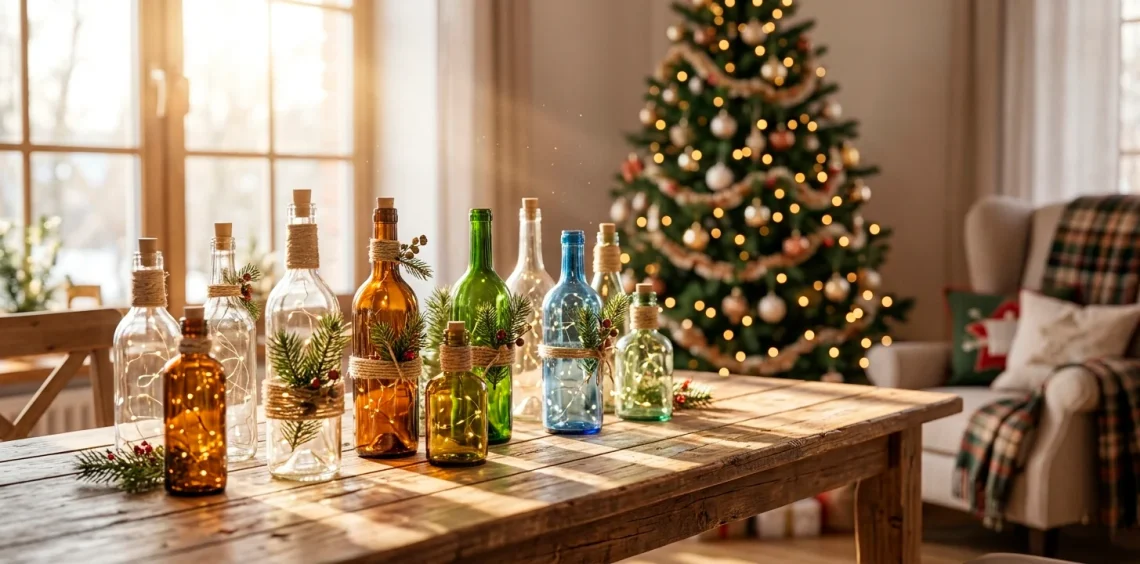 Upcycled glass bottles decorated with fairy lights and pine sprigs for sustainable holiday decor on a wooden table.
