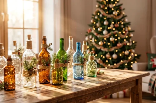 Upcycled glass bottles decorated with fairy lights and pine sprigs for sustainable holiday decor on a wooden table.
