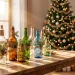 Upcycled glass bottles decorated with fairy lights and pine sprigs for sustainable holiday decor on a wooden table.