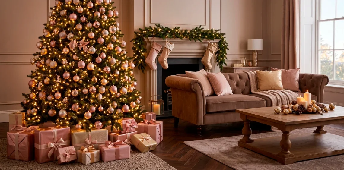 A beautifully decorated Christmas tree featuring blush pink and gold ornaments in a cozy, elegant living room.