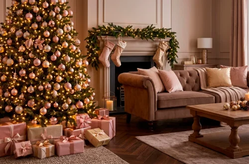 A beautifully decorated Christmas tree featuring blush pink and gold ornaments in a cozy, elegant living room.