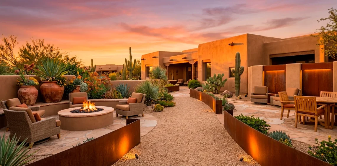Beautiful sun-drenched Southwestern backyard landscape featuring an adobe fire pit, terracotta pots, and agave.