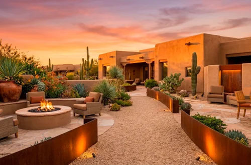 Beautiful sun-drenched Southwestern backyard landscape featuring an adobe fire pit, terracotta pots, and agave.