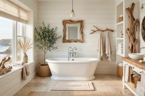 Luxurious coastal bathroom interior showcasing beautiful natural driftwood decor and a freestanding white bathtub