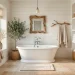 Luxurious coastal bathroom interior showcasing beautiful natural driftwood decor and a freestanding white bathtub