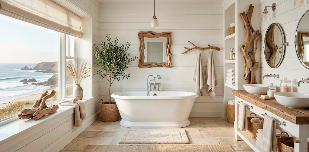 Luxurious coastal bathroom interior showcasing beautiful natural driftwood decor and a freestanding white bathtub