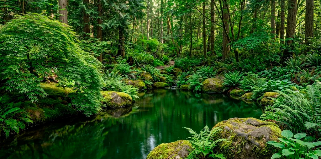 Wide view of an emerald green backyard pond surrounded by a lush forest sanctuary with ferns and rocks.