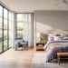 Elegant bedroom featuring slate blue and lavender bedding under soft natural light, SEO optimized.