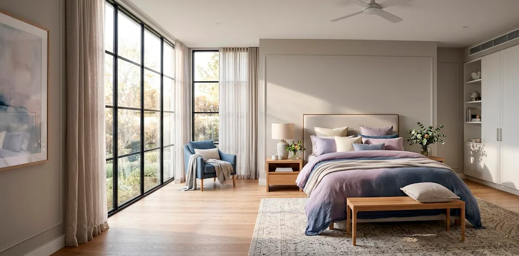 Elegant bedroom featuring slate blue and lavender bedding under soft natural light, SEO optimized.
