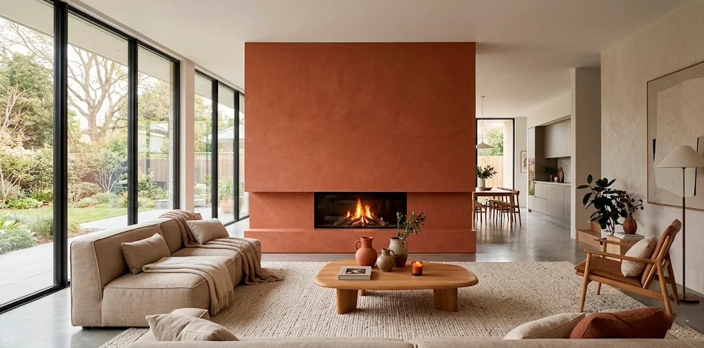 Large terracotta Venetian plaster fireplace in a contemporary living room with neutral furnishings