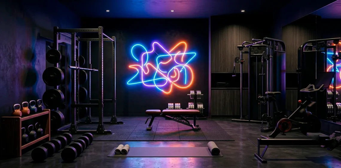 Dark moody home gym illuminated by a bright vibrant abstract neon light installation above heavy weights.