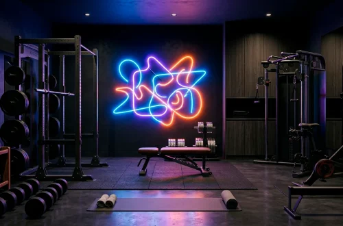 Dark moody home gym illuminated by a bright vibrant abstract neon light installation above heavy weights.