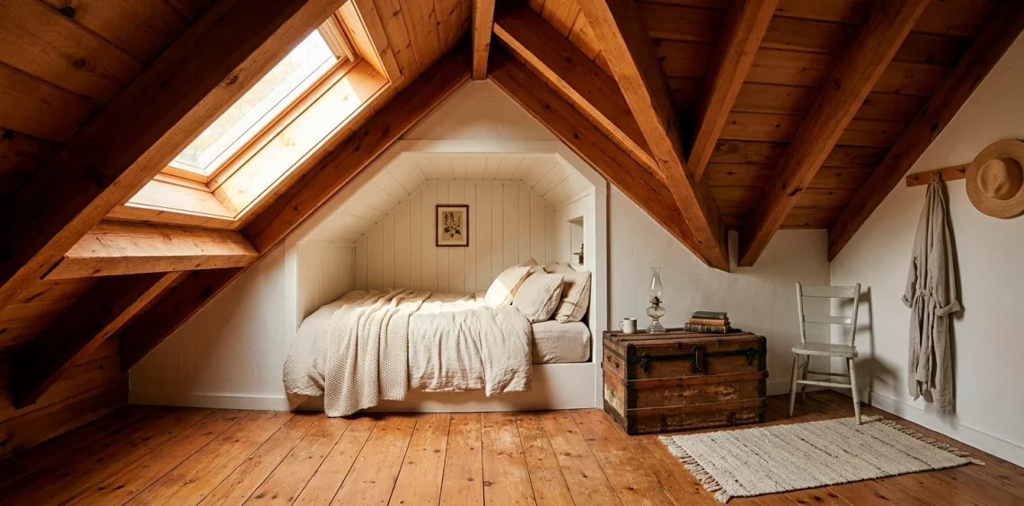 Cozy rustic farmhouse attic bedroom featuring natural wood ceiling beams, wide plank floors, and a built-in bed under slanted eaves.