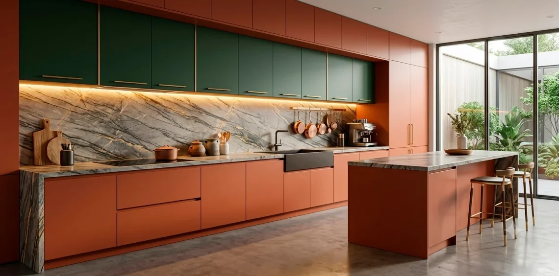 Stunning modern 2025 kitchen interior featuring deep green cabinets, marble backsplash, and warm brass accents.