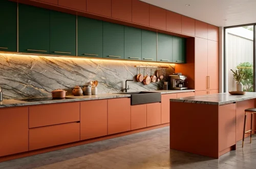 Stunning modern 2025 kitchen interior featuring deep green cabinets, marble backsplash, and warm brass accents.