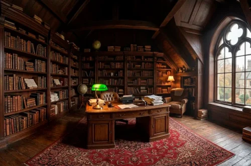A moody dark academia attic office featuring dark mahogany walls, floor-to-ceiling bookshelves, and an antique desk.
