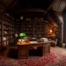 A moody dark academia attic office featuring dark mahogany walls, floor-to-ceiling bookshelves, and an antique desk.