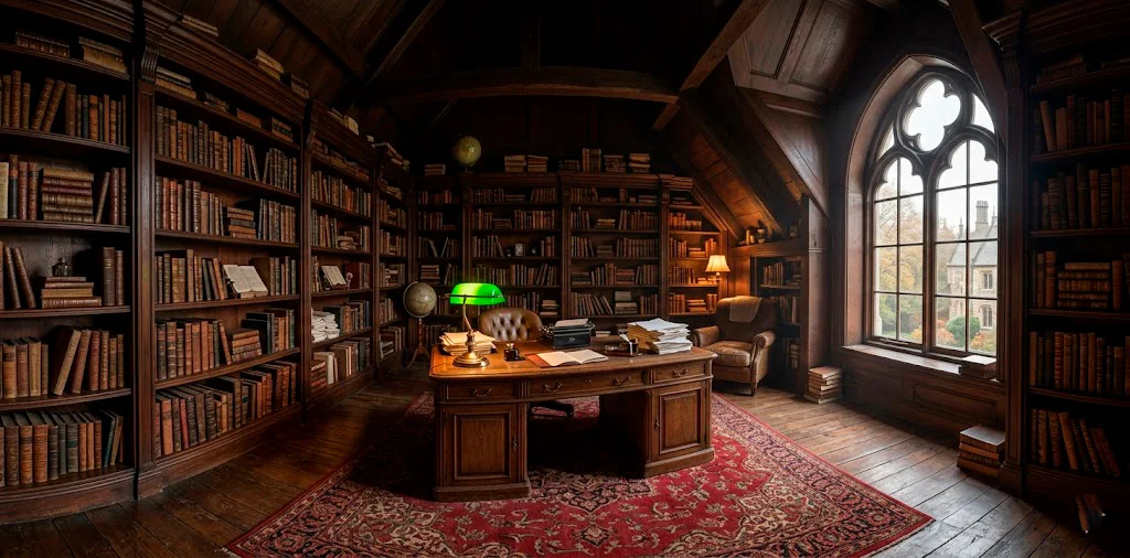 A moody dark academia attic office featuring dark mahogany walls, floor-to-ceiling bookshelves, and an antique desk.