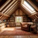 A highly realistic, wide shot of a cozy attic converted into a beautiful home library with custom shelving and a leather armchair.