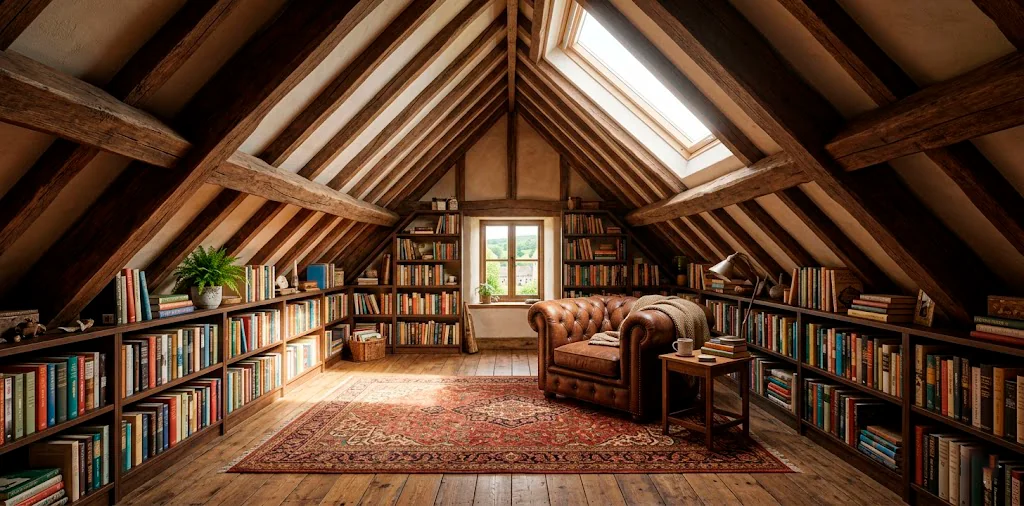 A highly realistic, wide shot of a cozy attic converted into a beautiful home library with custom shelving and a leather armchair.