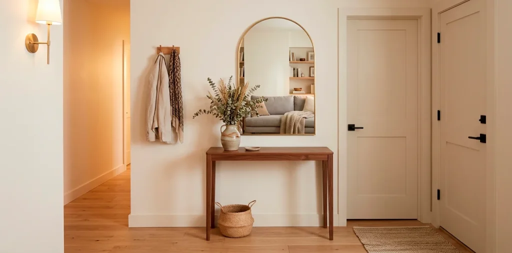 Cozy small modern entryway with a narrow wooden console table, arched mirror, and warm ambient lighting.