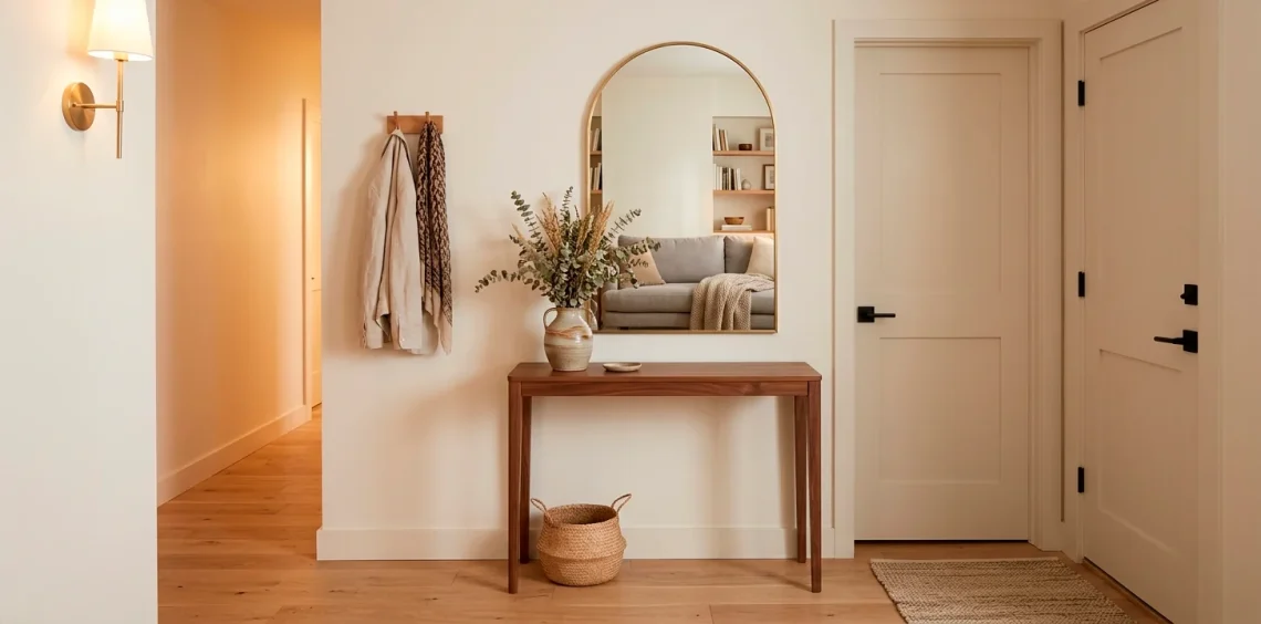 Cozy small modern entryway with a narrow wooden console table, arched mirror, and warm ambient lighting.