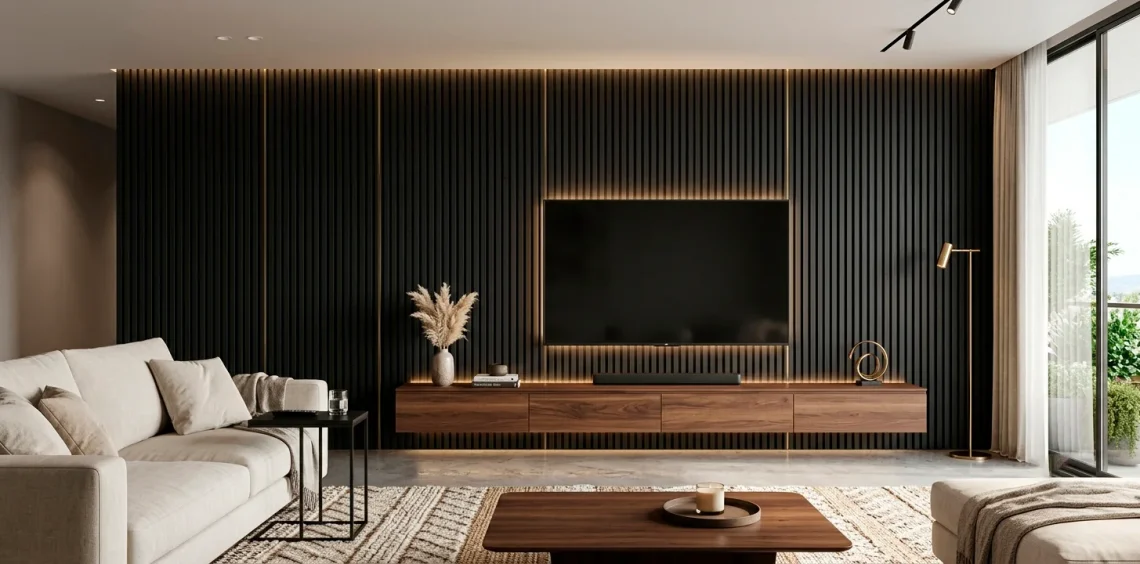 Modern living room featuring a dramatic matte black TV wall with gold trim and a floating walnut media console.