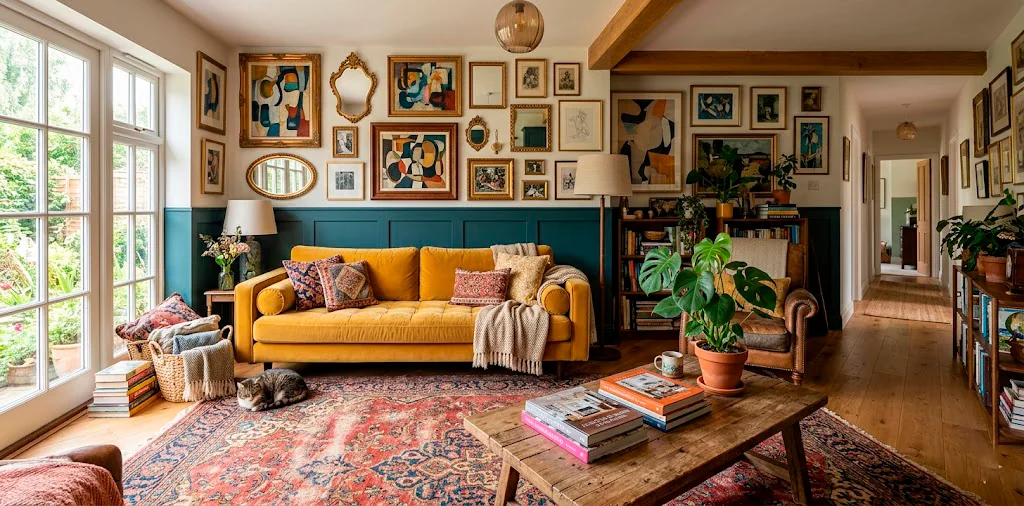 Vibrant eclectic living room with a mustard velvet sofa, vintage Persian rug, and maximalist gallery wall.