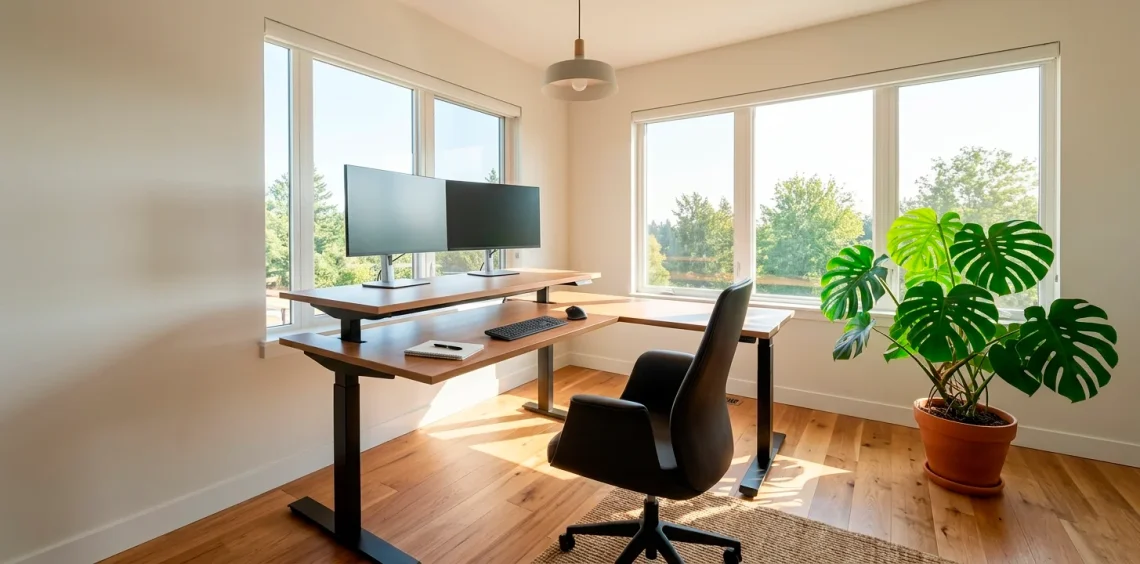 A sleek corner standing desk in a bright home office, maximizing floor space with a minimalist ergonomic setup.