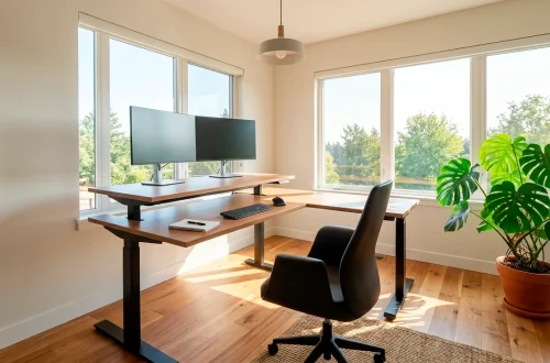 A sleek corner standing desk in a bright home office, maximizing floor space with a minimalist ergonomic setup.