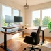 A sleek corner standing desk in a bright home office, maximizing floor space with a minimalist ergonomic setup.