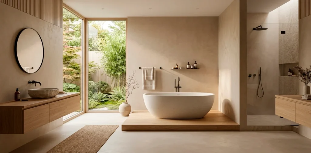 Wide horizontal view of a warm Japandi bathroom retreat featuring a wood vanity and a freestanding stone tub.