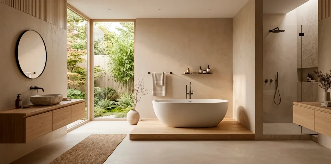 Wide horizontal view of a warm Japandi bathroom retreat featuring a wood vanity and a freestanding stone tub.